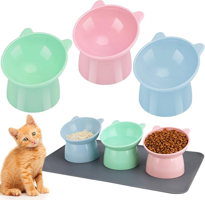 3 Pcs Elevated Cat Bowls 15° Raised Cat Bowl with Silicone Mat | Whisker Friendly Anti Vomiting Cats Dishes Pet Food and Water Bowls for Indoor Cats Kittens by Hoemwarm