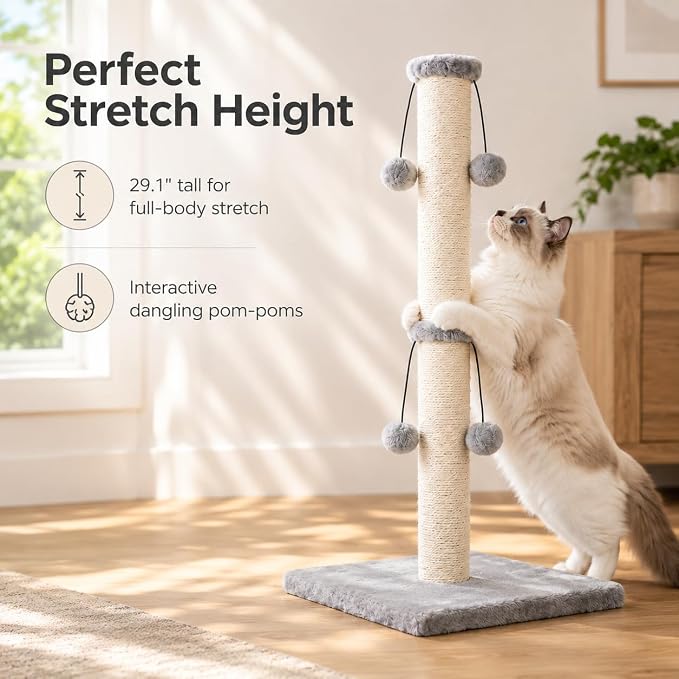 Dimaka 29'' Cat Scratching Post, Natural Sisal Rope Scratcher Post, Kitten Claw Scratch with 4 DanglingToy Balls for Large Cats (Grey) - Image 6