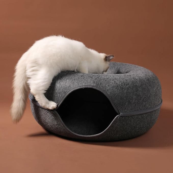 Felt Cat Cave Bed with Removable Cover, Cozy Pet Shelter for Indoor Cats, Zippered Washable Cat House with Roomy Interior (Dark Gray, for Cats Under 15 lbs, Donut Tunnel Style) - Image 6