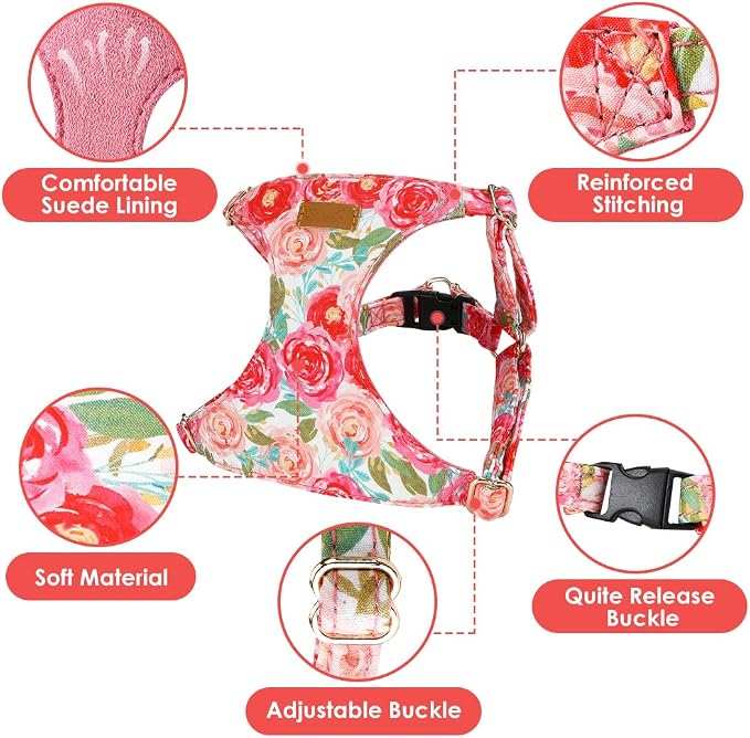 SlowTon No Pull Dog Harness with Leash for Small Medium Dogs, Rose, S | Floral Pattern, Step-in, Lightweight, Easy Put On and Off, No Choke, Soft Cotton and Suede for Daily Walking - Image 5