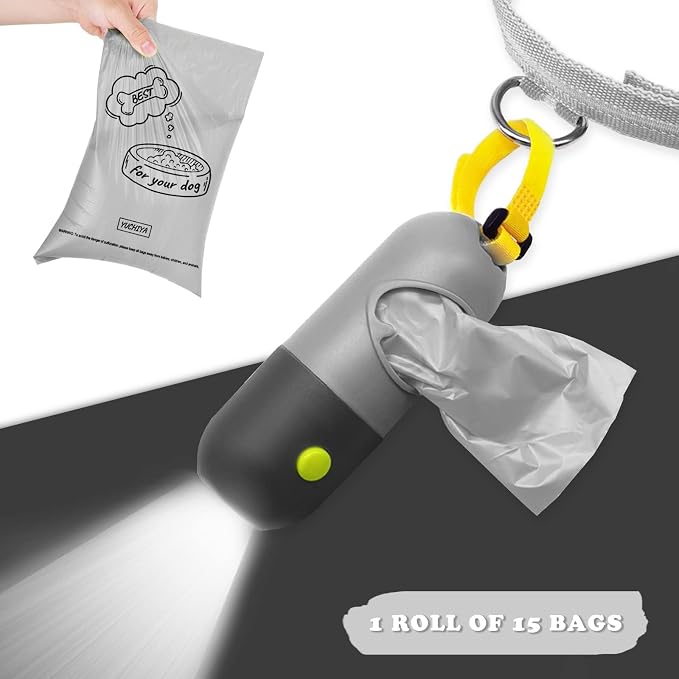 Dog Poop Bags Holder with LED Flashlight|Pet Waste Bags Dispenser for Leash|Doggie Potty Bags Container with Leak-proof Pet Trash Bags and Accessories (1 Holder 15 Bags, Grey and Black) - Image 4
