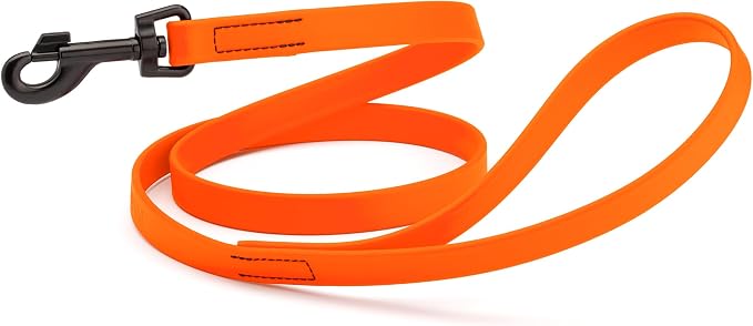 Dogline Biothane Waterproof Dog Leash Strong Coated Nylon Webbing with Black Hardware Odor-Proof Easy to Clean High Performance for Small or Large Dogs Made in USA 4 or 6 ft Lead, Hunter Orange by Dogline