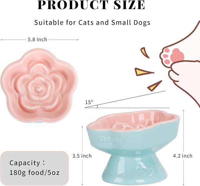 S&Q's CERAMICS Raised Slow Feeder Cat Bowl, Ceramic Elevated and Titled Glass Food Bowl Small Dogs Slow Feeder, Flower Shaped Cute Cat Dish for Dry and Wet Food (Pink, 5.8") - Image 2