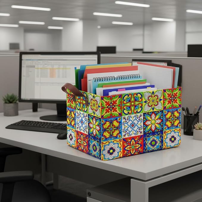 Mexican Talavera Decoration Storage Basket Waterproof Canvas Toy Storage Bin Collapsible Outdoor Basket with Leather Handles Mexican Talavera Decor Blanket Baskets For Closets,Bedrooms,Gifts Baskets - Image 7