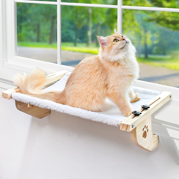 AMOSIJOY Cat Windowsill Perch with Wood & Metal Frame for Large Cat, 24.4in | Solid Wood Frame, Easy to Adjust, Washable Berber Fleece Cover, No Suction Cups Cat Window Seat for Windowsill, Bedside by AMOSIJOY