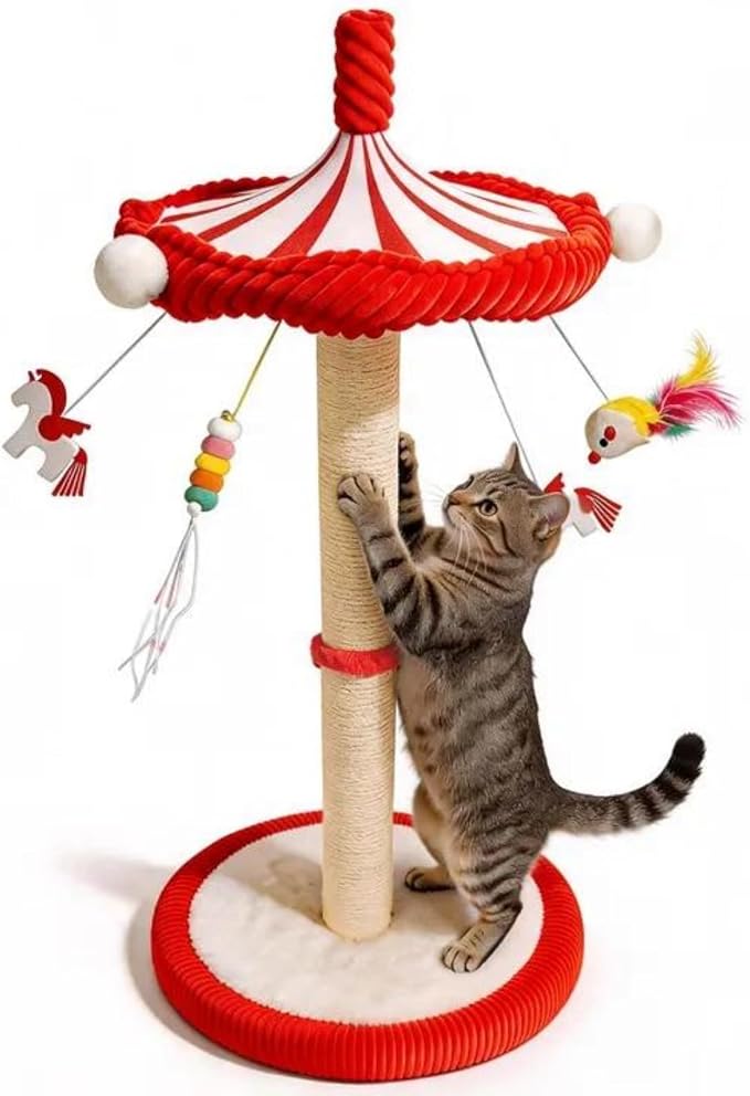 Carousel Cat Scratching Post with Hanging Toys, Interactive Cat Toys | 39" Tall,Cute Cat Post with Rotating Top, Cat Toys for Bored Indoor Adult Cats, Large,Stable, Sisal Rope by MOYMO