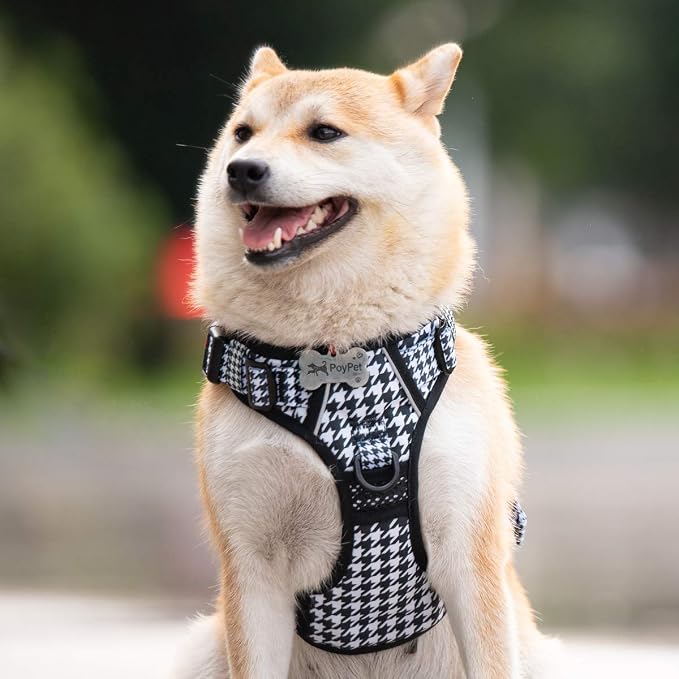 PoyPet Plaid Dog Harness Medium, No Pull Vest with Front Clip & Neck Buckle | Padded Handle, Reflective, No Choke, Lockable, 2 Leash Rings, Full Adjustable, for Training Walking, M, Houndstooth - Image 2