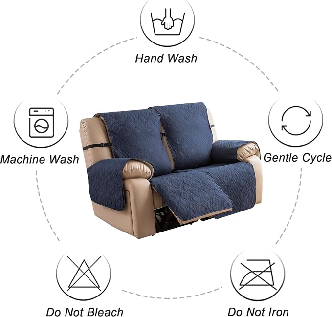 Genina Waterproof Loveseat Recliner Cover Non-Slip, Sofa Cover for Reclining Couch 2 Seat, Washable Couch Cover Loveseat Furniture Protector Cover for Pets Dogs Kids (Navy, Recliner Loveseat) - Image 9