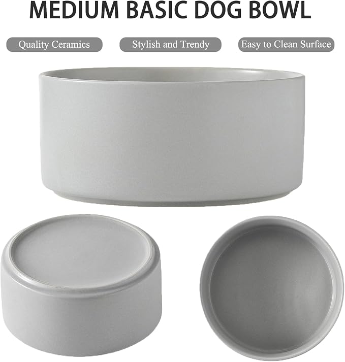 Ceramic Set of 2 Dog Bowls - Classic Dogs Food & Water Bowl for Small and Medium Breed, Heavy-Duty Non-Slip Dog Dishes, Food Grade Pet Bowl, Dishwasher & Microwave Safe (6'', 2 * 30OZ, Grey) - Image 2