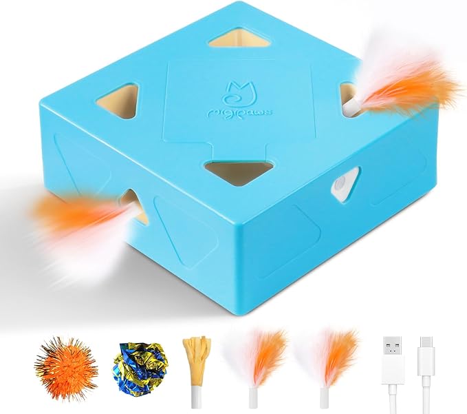 Migipaws Interactive Cat Toy -Migibox Without Popskin, Puzzle Toy for Indoor Bored Cats, Automatic Pop Out Feathers from 7 Holes Randomly, Motion Activated, USB Rechargeable(Blue) by MigipawsCreateMoreEnjoymenttoPetsandFamily