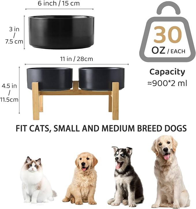 Raised Ceramic Dog Bowl Set - Elevated Dog Bowls with Non Slip Bamboo Stand, Food and Water Bowl Set for Small and Medium Breed Dogs, Pet Bowls, Weighted Dogs Dishes (6'', 2 * 30OZ, Black) - Image 3