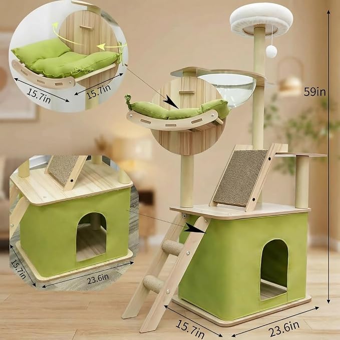 59.1-Inch-Green Cat Tree for Indoor Cats Large Adult, with Cat Condos,Cat Scratchers,Cat Hammock,Space Capsule, Plush Jumping Platform,Hanging Ball,Cat Trees for Indoor Cats(Green/Log Color) - Image 6