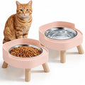 Elevated Cat Bowls, 2P Raised Cat Food and Water Bowl Set for Indoor Cats, Splash Proof with 2 Stainless Steel Pet Food Bowls for Cats ＆ Puppies, Whisker Friendly and Dishwasher Safe - Pink by HIAIEVIY
