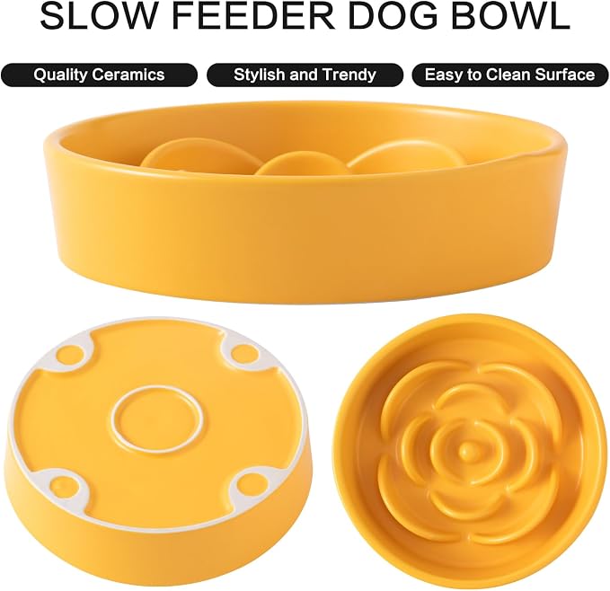 8.25'' Ceramic Slow Feeder Dog Bowls - Petal Shape Modern Dog Food Dish for Medium and Large Breeds, Puzzle Maze Bowl to Slow Down Eating, Anti-Gulping, Dishwasher & Microwave Safe, Yellow - Image 2