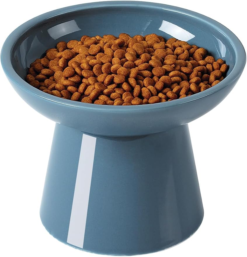 LoeJan Elevated Cat Food and Water Bowls Set, Extra Wide and Raised Ceramic Feeder, Anti-Vomit Whisker-Free Pressure Feeding Bowl for Kittens Adult Small Dogs (Deep Blue, Food Bowl) by LoeJan