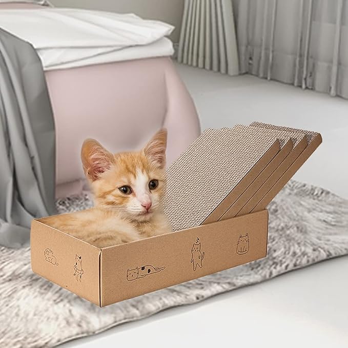 4 Packs in 1 Cat Scratch Pad with Box, Cat Scratcher Cardboard,Reversible,Durable Recyclable Cardboard, Suitable for Cats to Rest, Grind Claws and Play with Scratch Box - Image 6