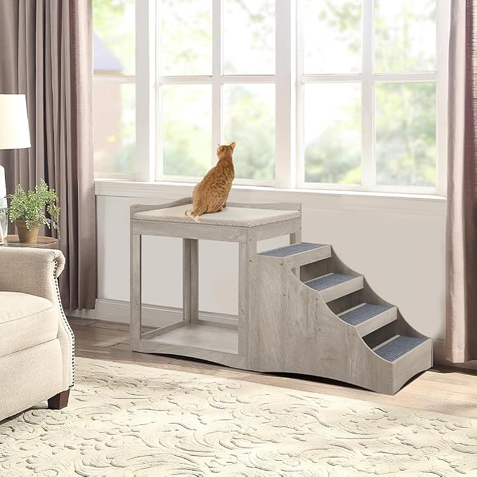 unipaws Large Pet Bunk Bed with Removable Step for Dogs and Cats | Multi-Level Bed Window Perch Seat Platform with Cushion, Indoor Use, Grey - Image 2