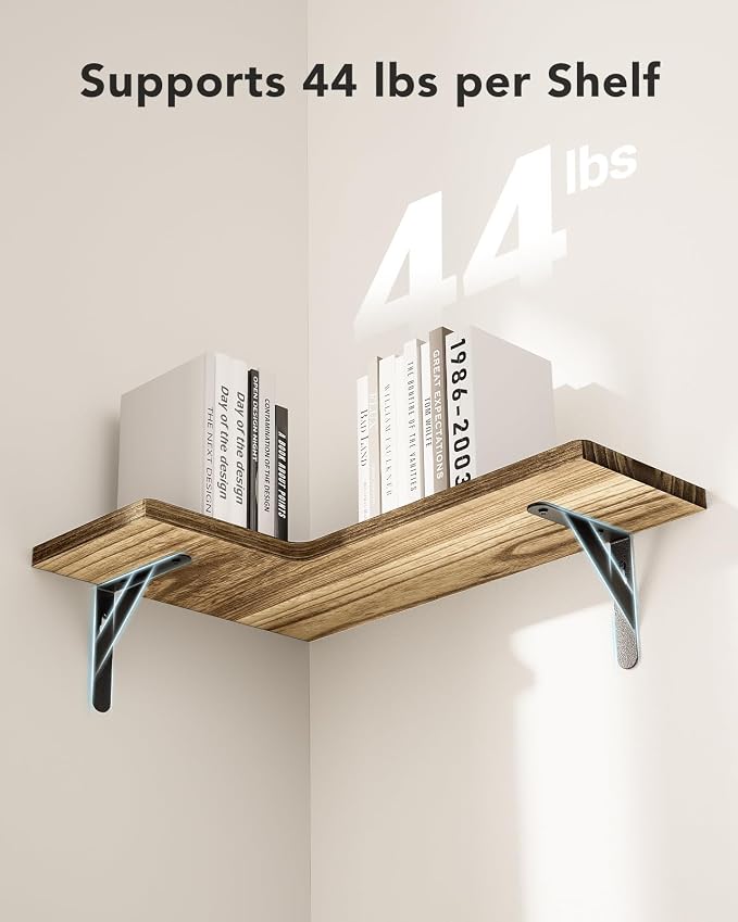 Amada Corner Floating Shelves, Paulownia Wood, Set of 4, Natural Wood | Corner Wall Shelves with Triangular Metal Bracket, 44 lbs Capacity per Shelf, L-Shaped Design for Bathroom, Laundry Room - Image 5