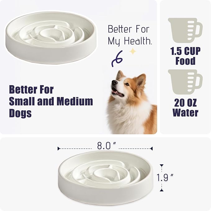 Ceramic Slow Feeder Dog Bowl,1.5 Cups Pet Slow Feeder for Small and Medium Breed,Puzzle Dog Food Dish,Anti-Gulping,Stop Bloat,Preventing Choking(White) - Image 2