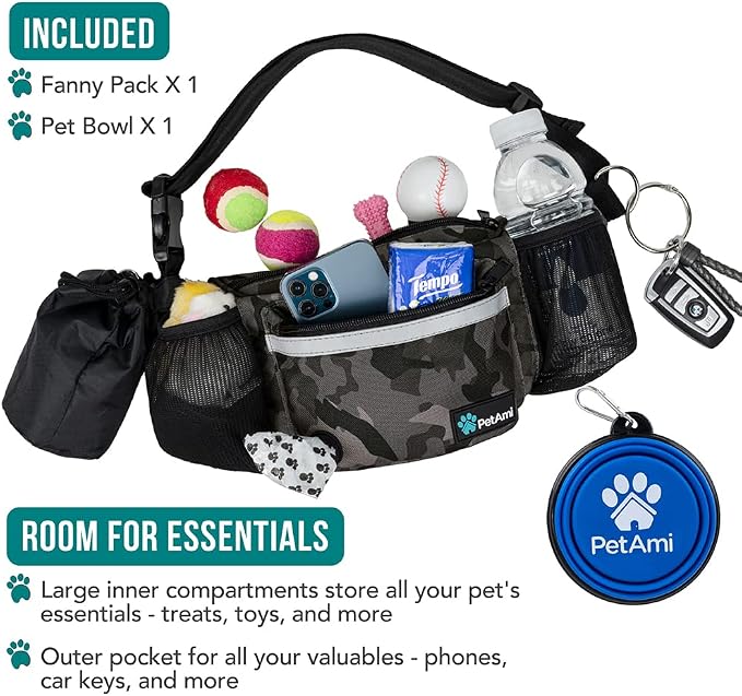 PetAmi Dog Fanny Pack, Treat Pouch for Dog Walking Training, Camo Black | Built in Poop Bag Dispenser, Water Bottle Holder, Collapsible Bowl, Pet Treat Waist Belt for Hiking Running Kibbles - Image 2