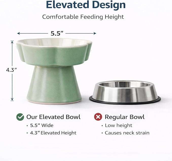 Ceramic Elevated Slow Feeder Cat Bowl, Raised and Gently Tilted Feeding Dish with Maze Design, Whisker-Friendly, Easy to Clean, for Indoor Cats and Small Dogs (Green/Ivory) - Image 2