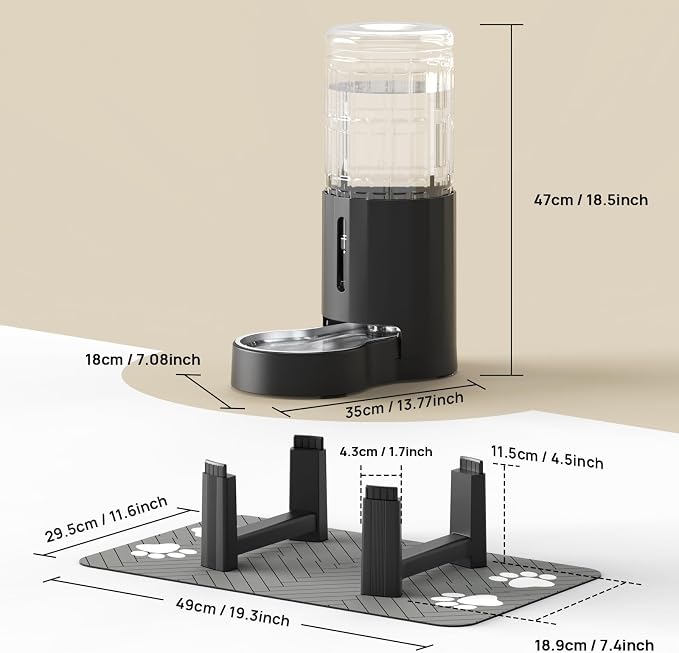 CZPET Elevated Dog Water Bowl Dispenser with Mat (9.5L+Stand+Mat,Black) | With Stainless Steel Bowl Gravity Waterer, Large Capacity and Drinking Area Noise-Free for Pets - Image 5
