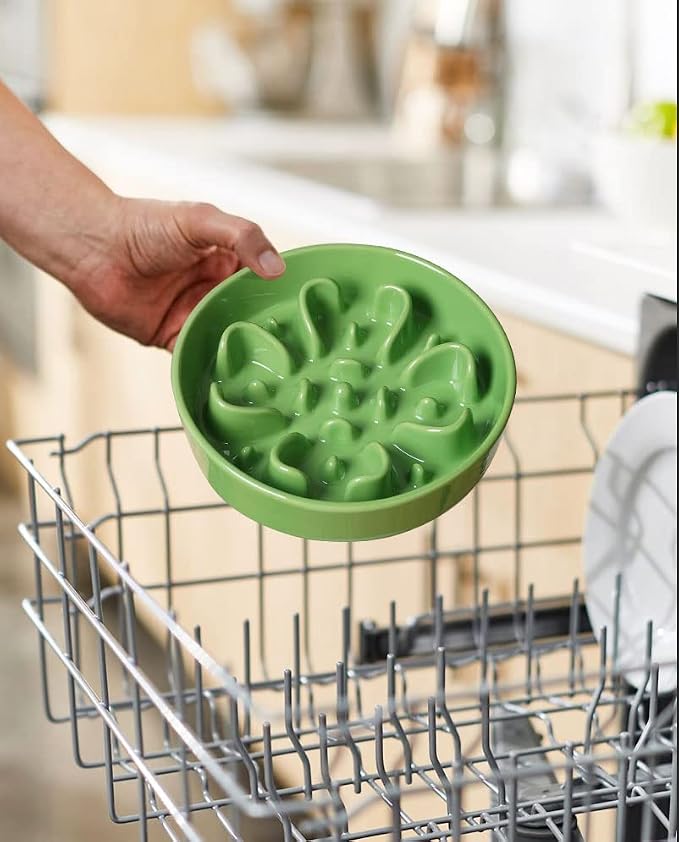 LE TAUCI Ceramic Slow Feeder Dog Bowls Elevated for Small and Medium Breed, Dog Bowls with Wooden Stand, 1.5 Cups Pet Dishes to Slow Down Eating, Anti-Gulping Pet Feeding Dishes, Clover Green - Image 8