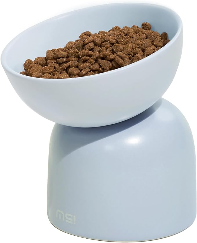Elevated Ceramic Cat Food Bowl - 5.5" Wide Dish for Whikser Friendly, 6.6" Height for Easy Feeding, Lead & Cadmium Free, Durable Raised Cat Food Bowls, Blue by MS%EF%BC%81MAKESURE