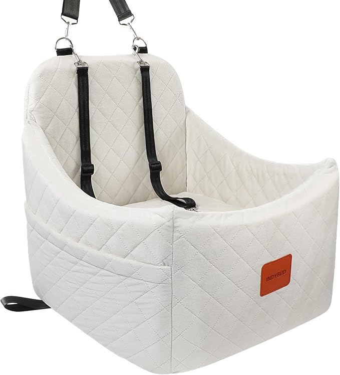 Dog Car Seat for Dogs up to 35lbs, Small Medium Dog Booster Seat with Adjustable Straps and Anti Slip Bottom,Fully Detachable Washable Pet Car Seat with 2 Storage Pockets (Beige, Medium) by INDYBUD