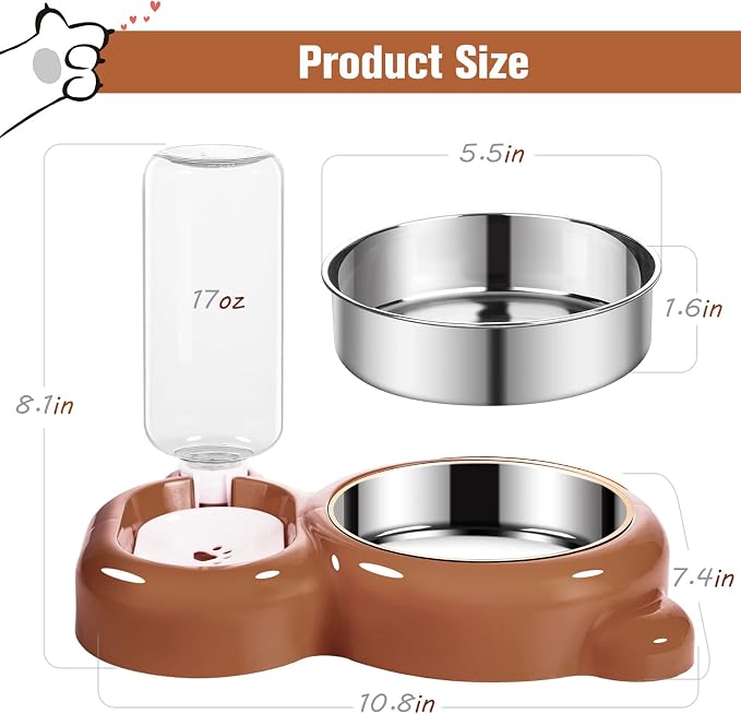 Dog Bowls, Cat Food and Water Bowl Set with Water Dispenser and Stainless Steel Bowl for Cats and Small Dogs - Brown - Image 5