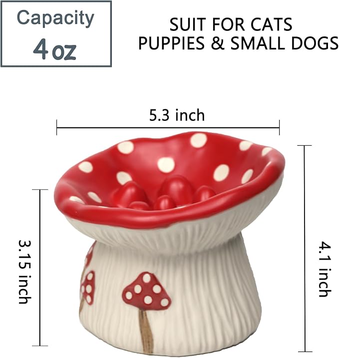 Ceramic Cat Slow Feeder, Cute Mushroom Shape Elevated Food Bowl, Shallow Raised Cat Dish, Anti Vomiting Whisker Fatigue Bowls - Image 2
