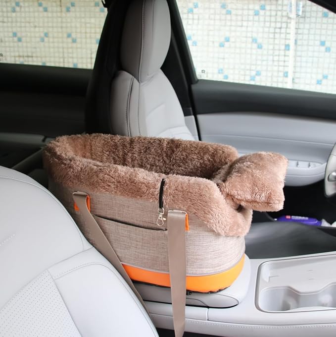 Pet Car Center Console Elevated Armrest Car Seat for Small Puppy, Dogs & Cats (Up to 10 lbs) – Dark Gray Washable Plush Carrier with Safety Leash, Fits Front Vehicle Console Space (Khaki) - Image 9