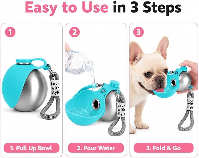 Portable Pet Dog Water Bottle with Silicone Collapsible Bowl, 10 oz Blue | Stainless Steel Pet Travel Dispenser with Rope | Dogs on Walks Hiking Accessories | Puppy Small Pets Essentials - Image 5