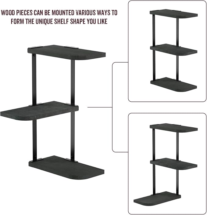 Love-KANKEI Corner Wall Shelf 3 Tier,Solid Wood with Bracket,17" Tall,Black | Floating Wall Shelves,Easy to Install,Capacity 26 Lbs,For Bedroom Living Room Bathroom Kitchen Office Display,Wall Decor - Image 5