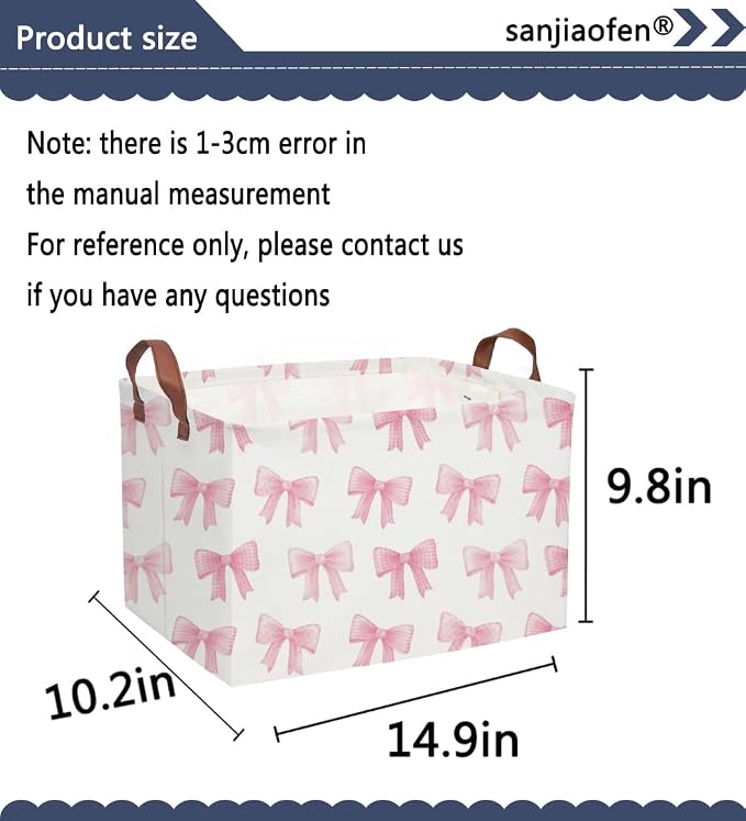 Sanjiaofeng Rectangular Kids Basket Pink Storage Bins,Girls Storage Baskets with Handles.Clothers,Toys,Books,Kid's Gifts Storage. (Pink Bowknot) - Image 2