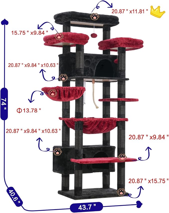 Cat Tree, 74" Tower for Large Cats, Big Condo Hammock CCT030BR | Heavy duty, 3 Big Platforms, 2 Baskets, 2 Condos, Multi-Level Cat Scratching Posts, Indoor Cats Large Adult, Black and red - Image 6