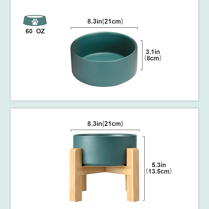 SPUNKYJUNKY Ceramic Elevated Dog Bowls 2 Pack - 8.3inch Raised Dog Bowls with Non-Slip Wooden Stand for Large Dogs Dishwasher Safe(Green,60OZ*2) - Image 2