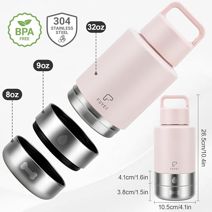 Dog Water Bottle 32oz, Insulated Stainless Steel Travel Water Dispenser with 2 Detachable Dog Bowls for Food and Water, Leak Proof Portable Pet Drinking Cup for Walking Hiking Camping - Image 6