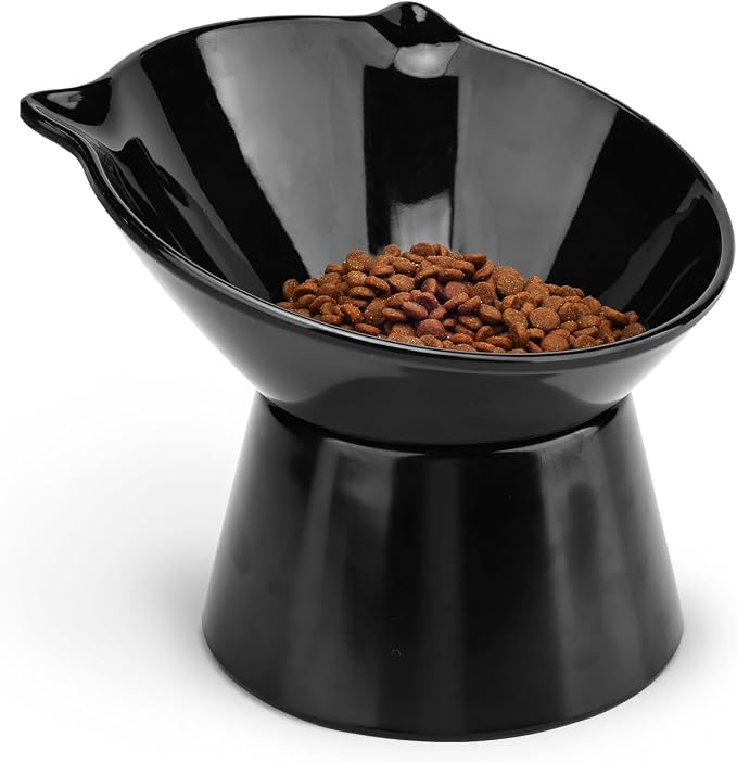 Raised Cat Bowls, 6.3" Extra Wide Shallow Elevated Cat Bowl Detachable, 15° Tilted Whisker Friendly Cat Feeding Bowl, 16oz Capacity, Anti-Vomiting, Neck Protection, Food&Water for Cats Puppies, Black by Unknown