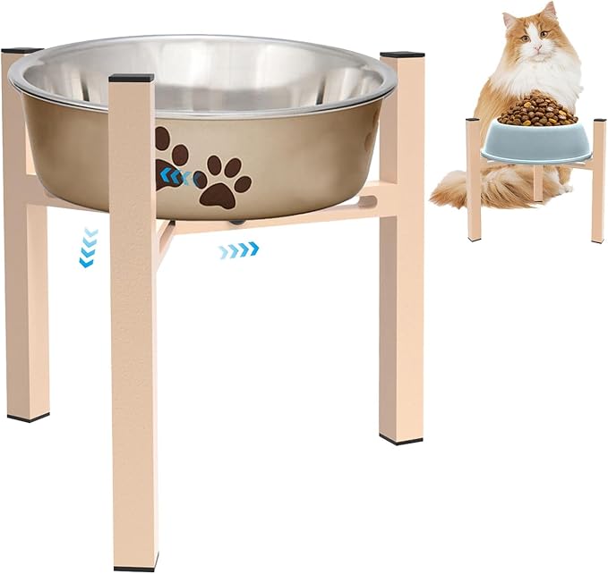 Elevated Cat Bowl Stand Good for Senior Cats Digestion Arthritis Relief - Adjustable Metal Feeder Riser, Fits 5.1-7.45” Round Bowls (No Bowls)(Light Khaki) - Image 2