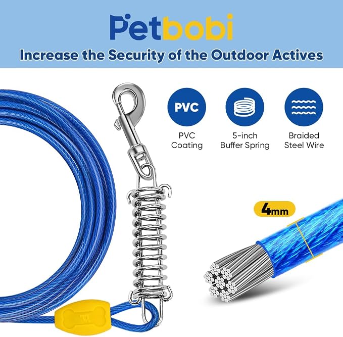Petbobi Dog Tie Out Cable and Stake, 10ft Heavy Duty Dog Leads for Yard | 4in Shock Spring, 16in Spiral Ground Anchor, 360° No-Tangle Swivel, Chew-Proof Rustproof Wire, Up to 120 lbs, Outdoor Camping - Image 2