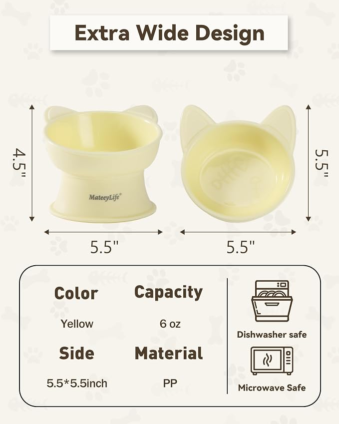 MateeyLife Raised Cat Bowls, Cat Food Bowl Elevated for Kittens & Small Dogs, 15°Tilted Protect Pets' Neck and Anti Vomiting, Whisker Friendly Food & Water Feeding Bowl, 6 oz Each - Yellow - Image 4