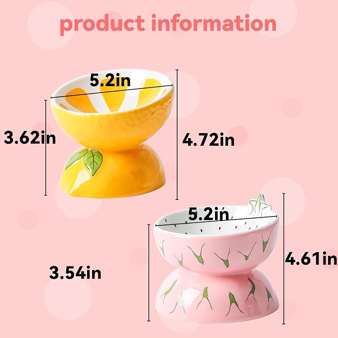 2PCS Ceramic Elevated Cat Bowls Raised Cat Food and Water Bowl Dishes Set | 5.2in Tilted Anti Vomiting Slow Feeder Cat Dishes, Whisker Friendly for Indoor kitten, Lemons & Pitaya Design - Image 5