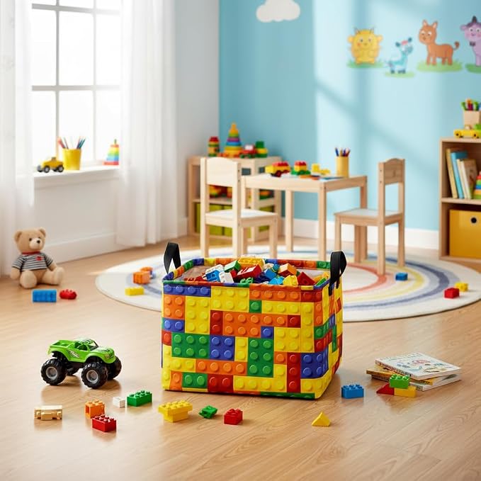 Colorful Building Blocks Print Storage Basket, Waterproof Lining Organizer Bins, Leather Handles, Collapsible for Kids Toys, Clothes, Laundry, Gift Basket - Image 4