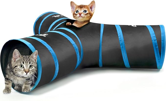 Pawaboo Cat Tunnel Tube 3-Way Tunnels, Blue, 25x53cm | Extensible Collapsible, Cat Play Tent Interactive Toy Maze, Cat House Bed, With Balls and Bells by Pawaboo