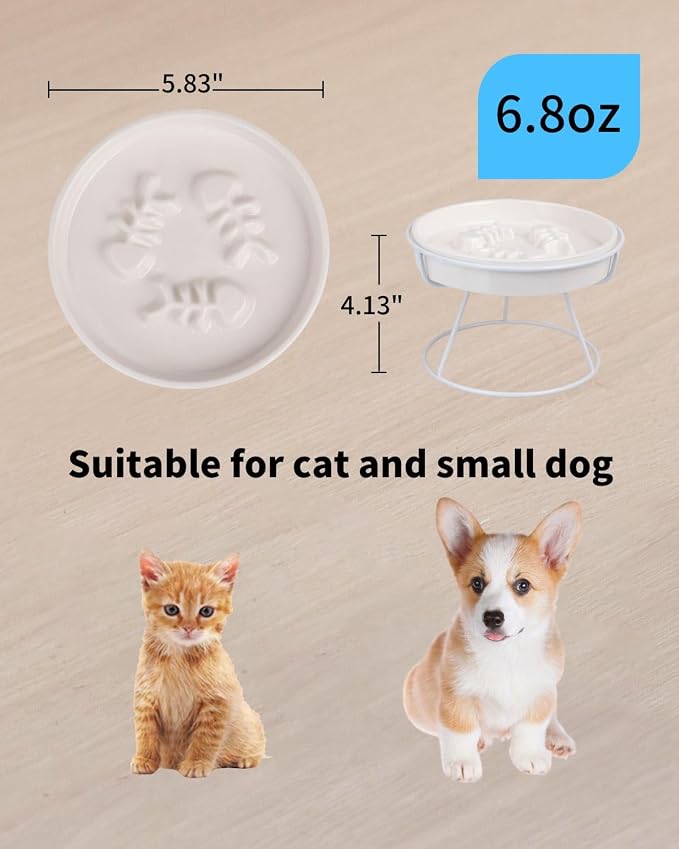 Ceramic Elevated Slow Feeder Cat Bowl, Anti Vomit, Removable Dish, White | Removable Ceramic Bowl Elevated Anti Vomit Whisker-Friendly Wet & Dry Food White Glazed Finish - Image 2