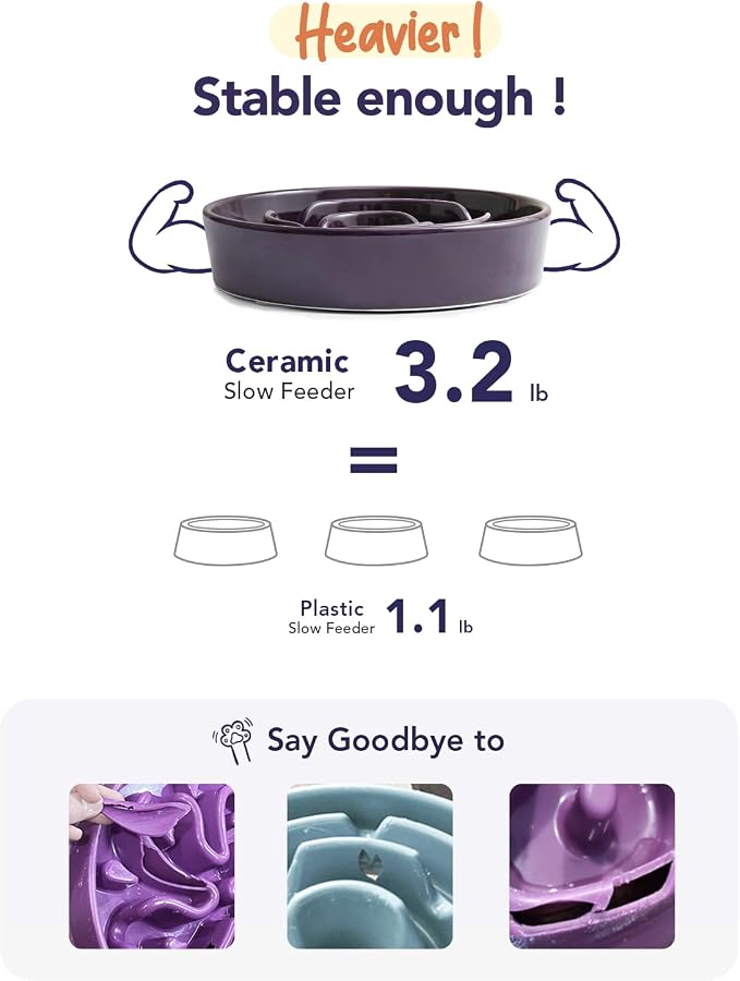 LE TAUCI Ceramic Slow Feed Dog Bowls, Elevated for Small and Medium Breed Dogs, Anti-Gulping Pet Feeding Dishes, Maze Purple, 1.5 Cups - Image 3