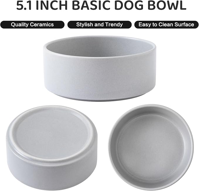 Ceramic Set of 2 Dog and Cat Bowls - Classic Food & Water Bowl for Kitty, Cats and Toy Breed Dogs, Weighted Dog Dishes, Food Grade Pet Bowl, Dishwasher & Microwave Safe (5.1'', 2*16OZ, Grey) - Image 2