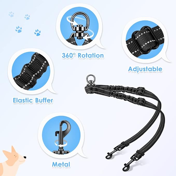 AUTOWT Double Dog Leash, No Tangle 360°Swivel Rotation Reflective Lead Attachment Adjustable Length Dual Two Dogs Lead Splitter, Comfortable Shock Absorbing Walking Training for 2 Dogs - Image 4