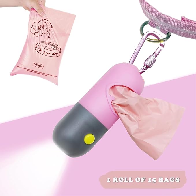 YUCHIYA Dog Poop Bag Holder Dispenser with LED Flashlight(Pink) | 100ft Ultra-Bright LED|Glow-in-the-Dark Avacado Clip|Metal Carabiner&Silicone Tether|15 Leak-Proof Scented Waste Bags - Image 4
